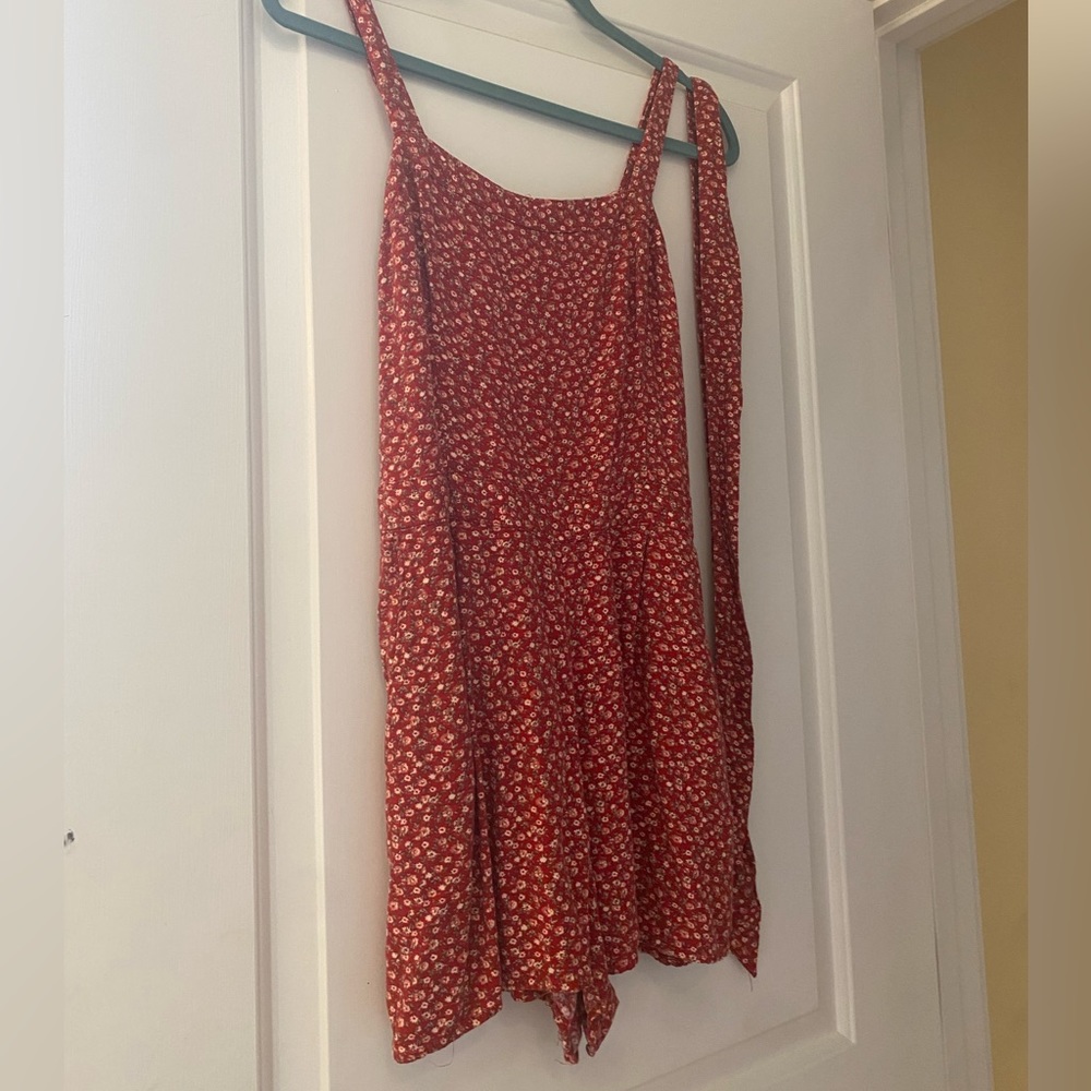 Holistic red cotton ROMPER with flower print, size medium, comes with belt